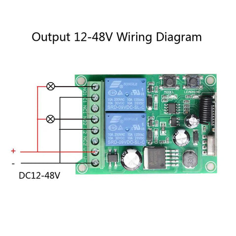 Circuit board and wiring diagram for Two Channel Wireless Remote Switch Kit 12V 24V 36V 48V 433MHz Transmitter With Receiver
