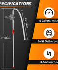 Specifications of Heavy Duty Hand Crank Drum Pump For 55 Gallon Barrels With Adjustable Aluminum Suction Tube and Rock Solid Threaded Connection.