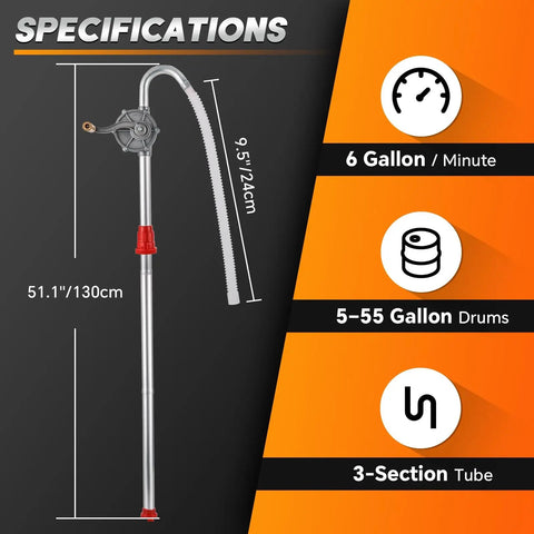 Specifications of Heavy Duty Hand Crank Drum Pump For 55 Gallon Barrels With Adjustable Aluminum Suction Tube and Rock Solid Threaded Connection.