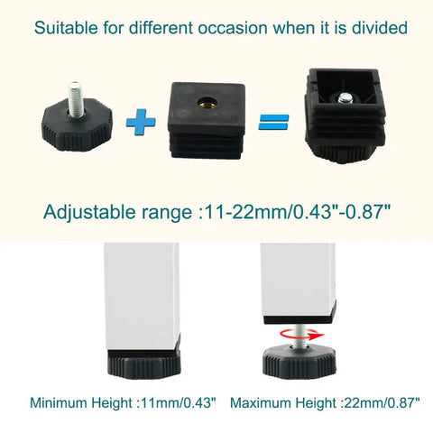 Square 40mm By 40mm Leveling Feet Inserts For Sofa Legs Adjustable Furniture Levelers Set Of Eight with Non Slip Glide Pads showing adjustable range from 0.43 to 0.87 inches