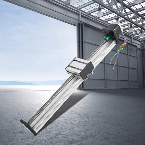 Heavy Duty NEMA 17 Linear Guide Stage Actuator Featuring 0808 Lead Screw Rail Long Throw Sliding Table in bright workshop.