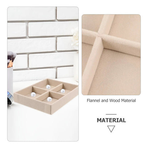 No Sweat Beige Velvet Jewelry Tray With Four Grid Compartments For Quick Sorting Rings Earrings And Bracelets Easy Drawer Insert Organizer on table.