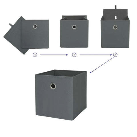 Foldable Gray Storage Cube With Sturdy Metal Ring Handle, No Sweat Shelf Bin Great For Bedroom Or Living Room, Quick Wipe Clean Fabric Organizer To Snap Shut And Hold Your Daily Gear, showcasing its foldable design.