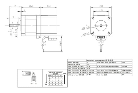 JTXSF 12V 4-lead permanent magnet brake stepper motor, 40 Ncm, front and side technical views