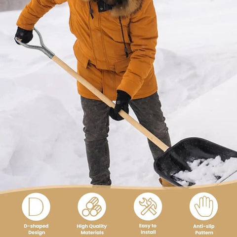 Person using D Grip Shovel Handle Replacement with Wooden Grips for garden tools in snow, iron and wood material visible