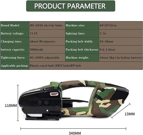 Rock Solid Battery Powered Strapping Machine For PP And PET Banding Straight Up Automatic Tensioner with camouflage design.