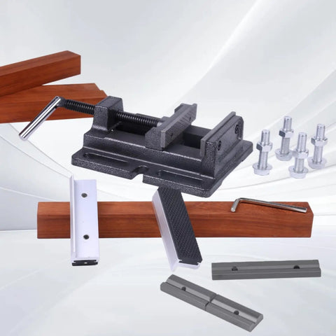 Heavy Duty 4 Inch Drill Press Vise With Soft Jaws For Scratch-Free Clamping, 7 Lb Weight, shown with wood and bolts.