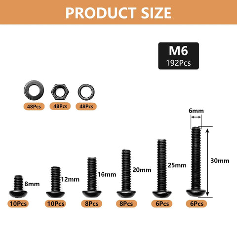 All In One M6 Screw Kit With 192 Pieces Of Hex Socket Head Bolts Nuts And Washers In 10.9 Alloy Steel 8mm To 30mm Lengths For DIY Projects And Quick Fixes For 3D Printers Drones Electronics Furniture And Everyday Repairs, size chart