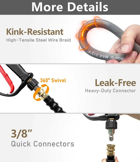 NAVOHEVEN pressure washer hose, 50 ft, 4000 psi, kink-resistant steel-braided with non-marking rubber, gray