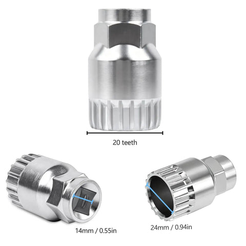 Crank Extractor Tool Set For Bikes With 16mm Spanner And 20 Tooth Bottom Bracket Remover 3 Piece Pro Grade Kit For Square Tapered Crank Removal And Maintenance, silver metal, 20 teeth detail image.