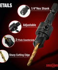 1/4" hex shank of Heavy Duty 13 Piece Adjustable Countersink Drill Bit Set Built Like A Tank For Getting The Job Done Quick.