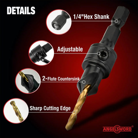 1/4" hex shank of Heavy Duty 13 Piece Adjustable Countersink Drill Bit Set Built Like A Tank For Getting The Job Done Quick.