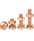Cross Head Screws And Nuts Kit M3x16mm With Flat And Spring Washers SS304 Stainless Steel Hex Socket Drive Indoor Outdoor Use High Torque Transfer Durable Hardware Set For Quick Secure Assemblies. Copper screws and nuts with washers on white background