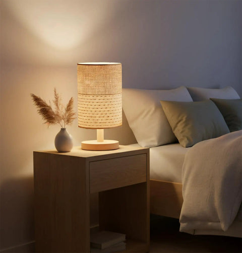 Table Desk Lamp With Brown Knit Fabric Shade Solid Wood Base Boho Nightstand Lamp For Bedroom Living Room End Table Or Office Warm White 3W LED Bulb Included On Off Switch Soft Cozy Light beside bed on nightstand