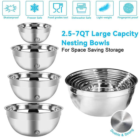 Top Shelf 5 Speed Electric Hand Mixer Paired With Four Nesting Stainless Steel Mixing Bowls And Measuring Cups In A Slick 200W Kitchen Baking Starter Kit That Knocks Out Any Dough Job Easily, includes 2.5-7QT nesting bowls for space-saving.