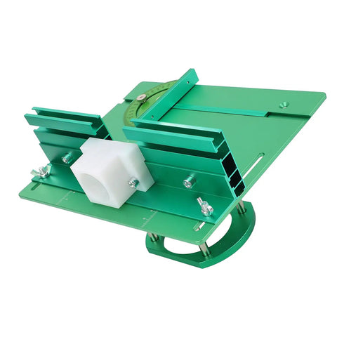 Rock Solid Aluminum Router Table Lift With Smooth Zero Play Crank Handle For Tight 51mm Height Adjustment Durable Table Insert Plate Made For Tough Shop Jobs And Bench Top Trim Routers, green aluminum router lift angle view.