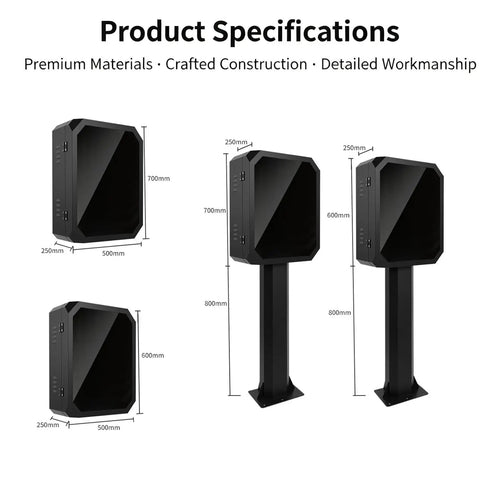 Tough As Nails Outdoor EV Charger Box With Thick Waterproof Shield And Heavy Duty Combo Lock specifications with measurements.