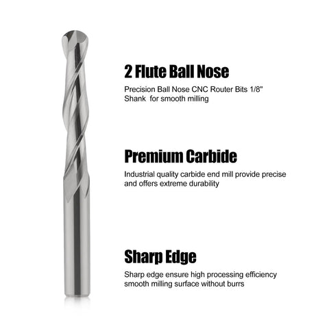 Top Tier Carbide Ball Nose End Mills With Dual Flutes For Smooth Cnc Routing And Precise Engraving On Wood Pvc Mdf Hardwood Built Tough One Eighth Shank With Sixteenth In Cut Diameter Pack Of Ten. Close-up of 2 flute carbide end mill.