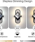 Modern Led Acrylic Indoor Wall Sconce With Dimmable Remote Control And Warm Adjustable Glow Solid Pick For Bedroom Living Room And Office Space showcasing cool, neutral, and warm light settings.