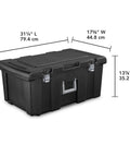 Flex Your Storage Game With Heavy Duty Plastic Footlocker Rolling Bin With Wheels And Handle, Stackable Tote Featuring Secure Latching Lid For Basements Dorms And Shared Spaces, Smooth Operator Hauler Chest In Black, dimensions 31.25" L x 17.625" W x 13.875" H.