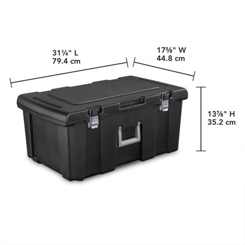 Flex Your Storage Game With Heavy Duty Plastic Footlocker Rolling Bin With Wheels And Handle, Stackable Tote Featuring Secure Latching Lid For Basements Dorms And Shared Spaces, Smooth Operator Hauler Chest In Black, dimensions 31.25" L x 17.625" W x 13.875" H.