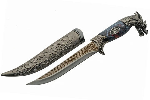 Roaring Dragon Medieval Dagger 12 Inch Blue Decorative Knife with stainless steel blade, metal handle, and dragon-themed scabbard.