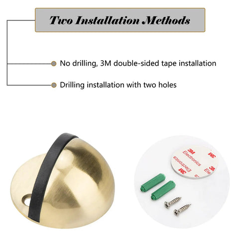 2 Pack Drill Free Floor Mounted Door Stops With Self Adhesive Tape Or Screws Gold Finish Black Rubber Bumpers shown with installation options