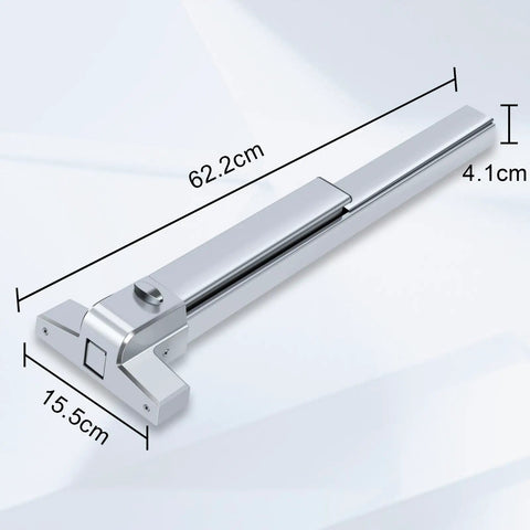 Beefed Up Panic Bar For Exit Doors Stainless Steel Push Bar With Lock Alarm And Fireproof Protection, dimensions shown, commercial grade