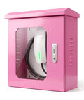 Heavy Duty Galvanized Steel EV Charger Protection Housing Box With Sloped Rain Hood And Secure Combo Lock For All Weather Outdoor Charging Stations with view of pink cover and Tesla charger.