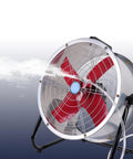 Heavy Duty 24 Inch Industrial Floor Fan Built Like A Tank With 360 Degree Swivel Adjustable Head Dual Speed Settings Rock Solid Airflow Blower For Garages Warehouses And Covered Porches, showing red blades and misting feature.