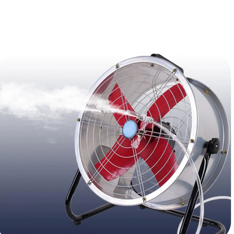 Heavy Duty 24 Inch Industrial Floor Fan Built Like A Tank With 360 Degree Swivel Adjustable Head Dual Speed Settings Rock Solid Airflow Blower For Garages Warehouses And Covered Porches, showing red blades and misting feature.