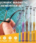 Tiny But Mighty Six Piece Magnetic Micro Precision Screwdriver Kit for glasses repair shown with various colored handles.