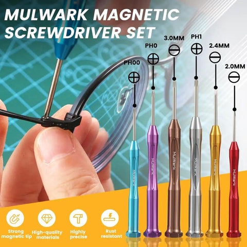 Tiny But Mighty Six Piece Magnetic Micro Precision Screwdriver Kit for glasses repair shown with various colored handles.
