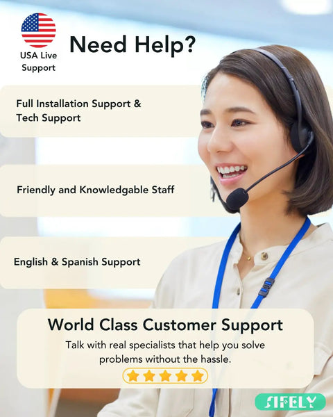 Friendly customer support representative offering assistance for the Plug And Play Built In Wifi Smart Door Lock Handle.