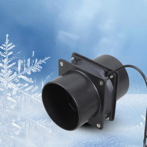 Low Noise Inline Duct Fan With 3 Speed USB 5V Power Double Duct Ports ABS Construction against blue background with snowflakes