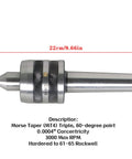 Side view of LiGuVCY MT4 live bearing tailstock center, 60-degree point, hardened steel, 8.66in length