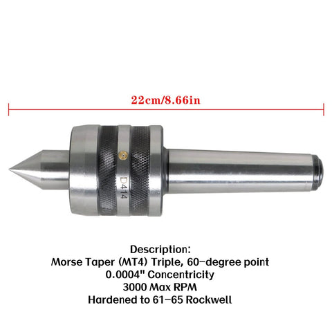 Side view of LiGuVCY MT4 live bearing tailstock center, 60-degree point, hardened steel, 8.66in length