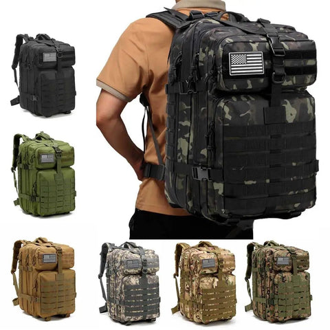 Rugged 45L Tactical Backpack for Men with MOLLE 3 Day Assault Bug Out Daypack in various colors, featuring a water-resistant build.