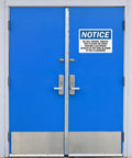 Blue door with "NOTICE" sign, potential application for Durable White Vinyl Magnetic Roll for DIY Crafts, Super Strong, Inkjet Printable, 24 by 120 Inch, 30 Mil Thick, Matte Front and Back, Flexible Magnet Sheet for Signs and Crafts.