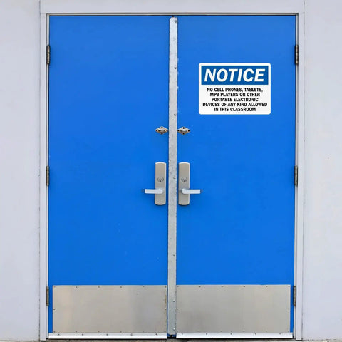 Blue door with "NOTICE" sign, potential application for Durable White Vinyl Magnetic Roll for DIY Crafts, Super Strong, Inkjet Printable, 24 by 120 Inch, 30 Mil Thick, Matte Front and Back, Flexible Magnet Sheet for Signs and Crafts.