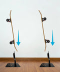 Dope Portable Skateboard Floor Stand With Dual View Display showing two skateboards front and back, black metal with silicone base