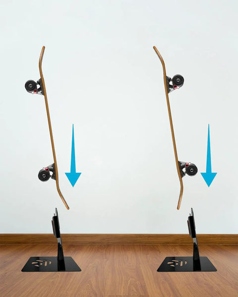 Dope Portable Skateboard Floor Stand With Dual View Display showing two skateboards front and back, black metal with silicone base