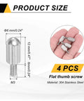 4 Pack Knurled Thumb Screws M3 X 6mm Stainless Steel 304 Flat Head Knurled Grip Bolts with size diagram and hand holding screws.