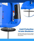 Blue electric hoist winch with steel cable, mounting plate, and black handle; wired and wireless remote control.