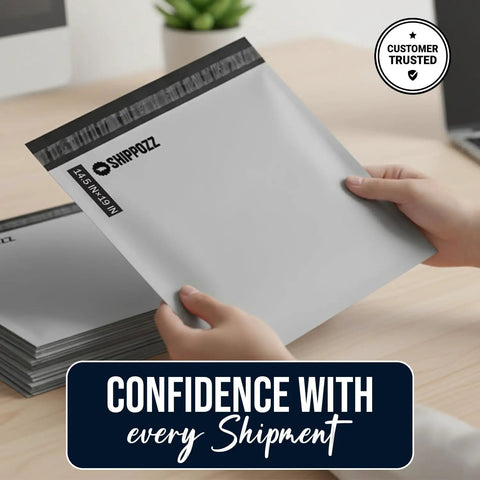 Person holding Weatherproof Poly Mailers 14.5x19 Inches 1000 Pack Durable Self Seal Mailing Envelopes showing the self-seal strip