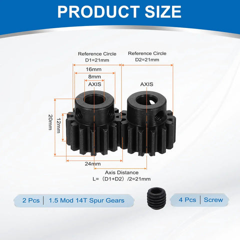 Two Pack Mod 1.5 14T Spur Gear For 8mm Bore RC Cars, 1045 Steel Pinion Gear With Black Surface Treatment, 20 Degree Pressure Angle, Fits Spur Rack And DIY Motors, Buggies, Trucks. size diagram with 2pcs 14T gears, 8mm bore, 20mm height, 24mm width