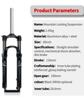 26 Inch Mountain Bike Suspension Fork With 100mm Travel Mechanical Lockout One And One Eighth Inch Straight Tube 9mm QR Disc And V Brake Compatible Dual Mount Lightweight Aluminum Black Blue with specifications listed