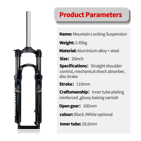 26 Inch Mountain Bike Suspension Fork With 100mm Travel Mechanical Lockout One And One Eighth Inch Straight Tube 9mm QR Disc And V Brake Compatible Dual Mount Lightweight Aluminum Black Blue with specifications listed