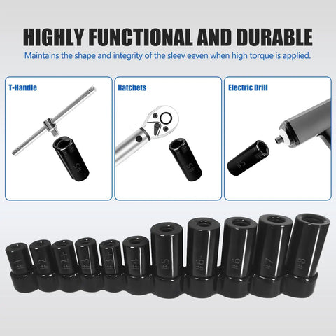 Tap Socket Set With Magnetic Sockets 11 Piece Kit Pro Grade For Tap And Die Use Fits Metric And Standard Taps Up To One Half Inch And One Eighth Inch NPT Made To MCTI Standards Quick Magnetic Retention Heavy Duty Steel Ideal For Home Shop And Pros visible with electric drill and ratchet in use.