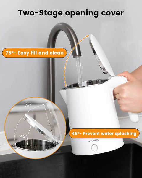 Electric Kettle Stainless Steel 1 Liter 1200W Quick Boil With Double Wall Cool Touch Design Auto Shut Off BPA Free 304 Stainless Steel Water Boiler For Coffee Tea Maker Warmer Heater White being filled from a faucet with angled lid.